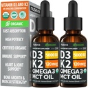 2 Pachet) Vitamina organică D3 K2 picături cu ulei MCT Omega 3, 5000 UI 