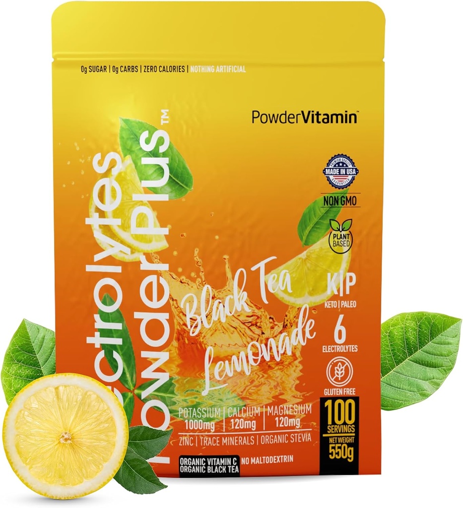 PulbereVitamina Electroliti Pulbere Plus (100 Serviri) Ceai negru Lemonada Electrolit Pulbere Zero Calorie Keto,0 Zahăr, Nu Maltodextrin,1000mg Potasiu,120mg Calciu,120mg Magneziu, Pulbere de hidratare