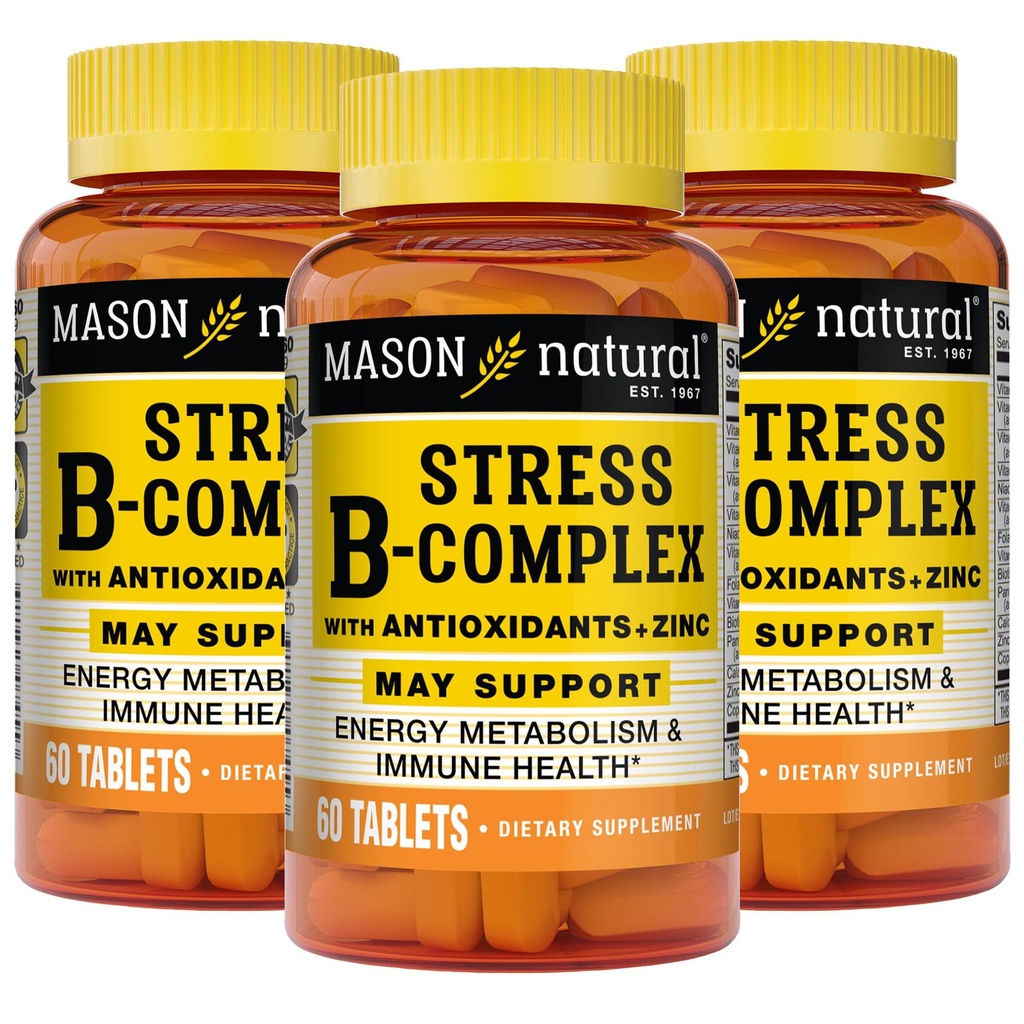MASON NATURAL Stress B, Complex cu antioxidanti + zinc, 6 luni de aprovizionare, Formula de acțiune dublă, susține metabolismul energetic și sănătatea imună, 3 ambalaj