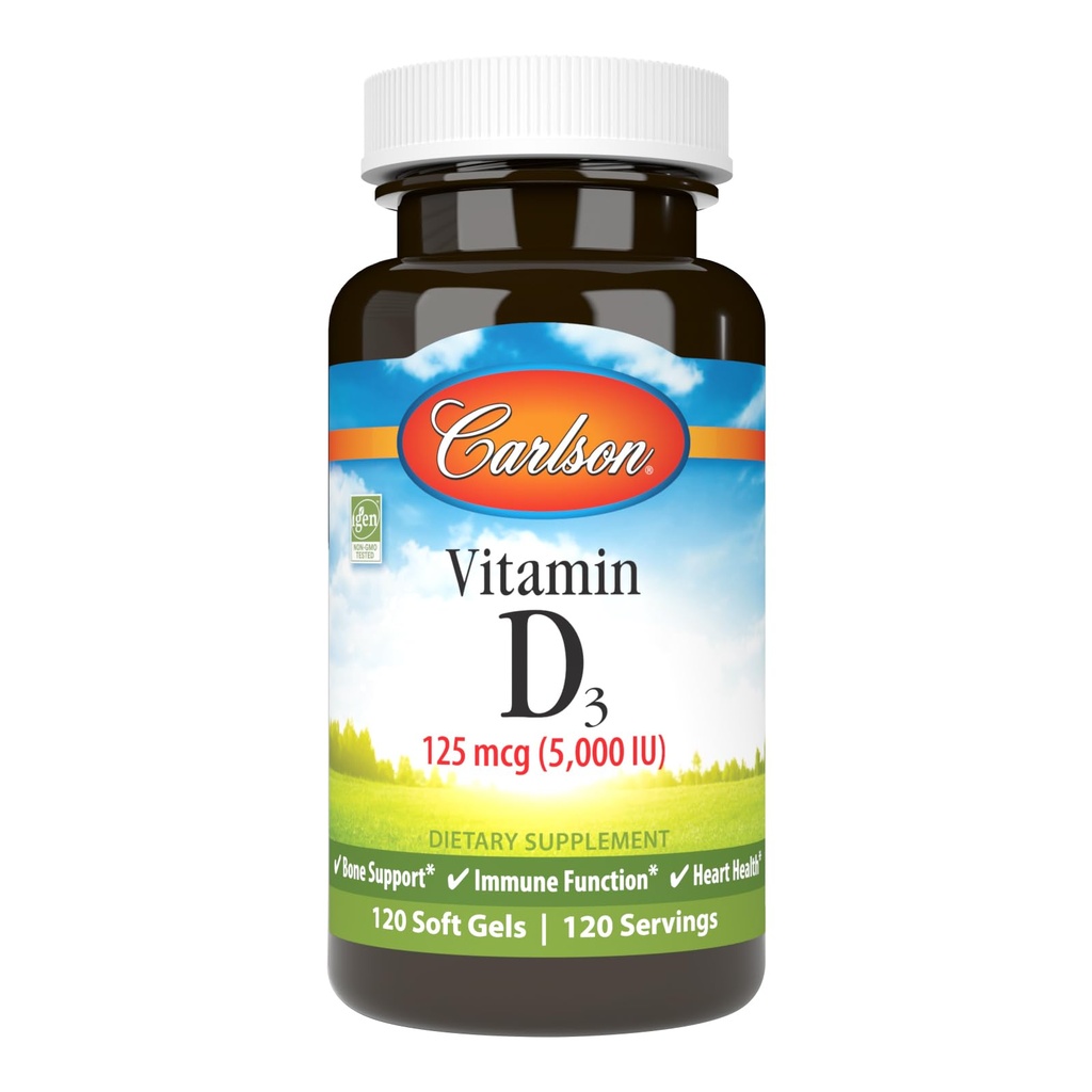 Carlson - Vitamina D3 5000 UI (125 μg), Sănătate osoasă, Sănătate musculară, Colecalciferol, Suplimente Vitamina D, Vitamina D3 Geluri moi, 120 Softgels