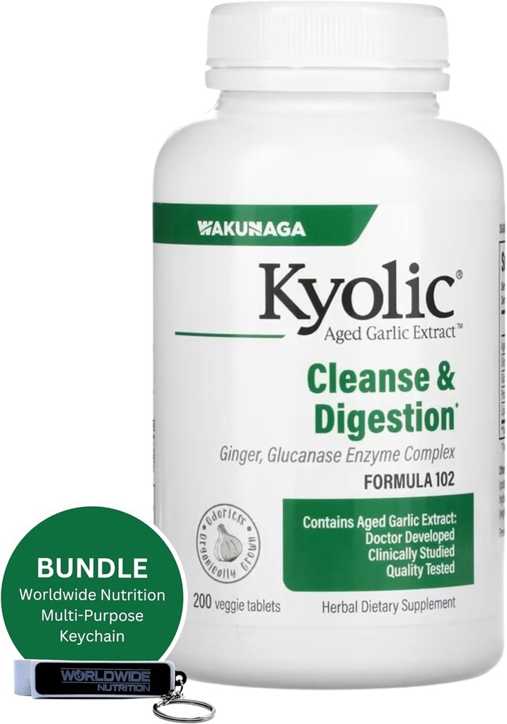 Nutriţie la nivel mondial Bundle: Kyolic Aged Usturoi Extract 200 Veggie Tablets Formula 102 Curățare & Digestion - Îmbogat cu usturoi Ginger Supliment - 200 Counts with Multi-Purpose Key Chain