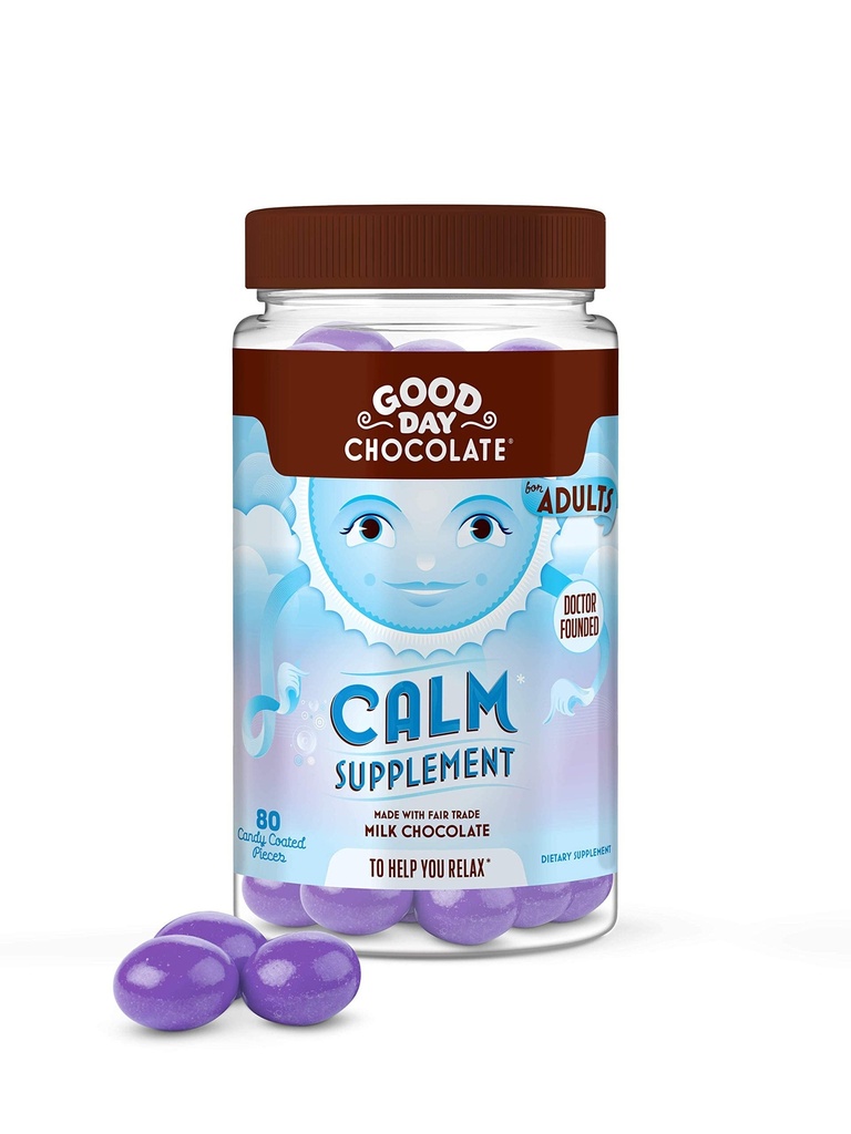 Bună ziua Ciocolata naturale calmant Supliment pentru adulți, Amestec de Camomile, Theanină, Magneziu, Fair Trade și ciocolata non-GMO, 80 piese
