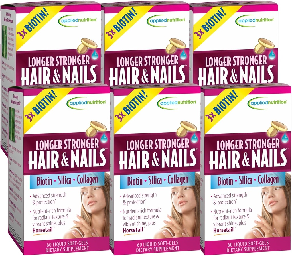 Nutritie aplicata mai lunga par si unghii - 60 lichid moale-Gels, pachet de 6 - Biotina, Siliciu & Colagen - 180 Serviri