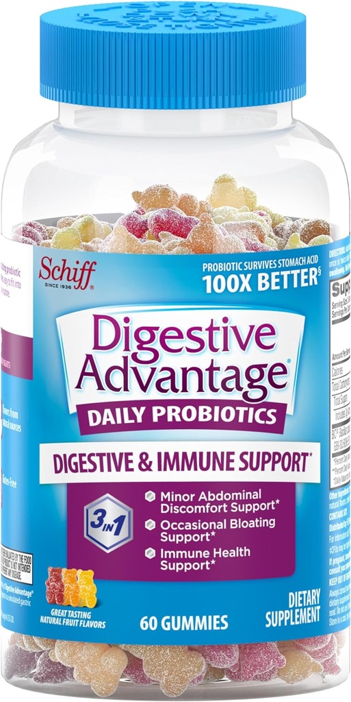 Avantaje digestive, Gummy Probiotic pentru adulți, 60 Gume, Gluten-Free, supraviețuiește 100x mai bine, arome de fructe asortate, susține Digestive Health