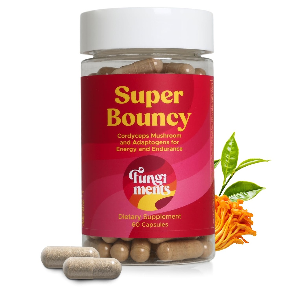 Fungimente Super Bouncy - Supliment ciuperci ciuperci ciuperci Cordyceps, ceai verde, ginseng - energie și focus (60 capsule)