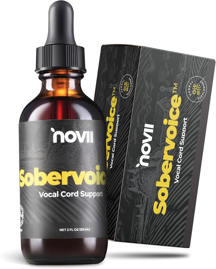 NOVII Sobervoice, Ultimate Vocal Health Drops - Herbal Relief from Vocal Strain, Uscăciune & Răzbunătățire - Picături de booster vocal, Relief vocal pentru Singers, Speakers, Performers, 2 fl. oz.