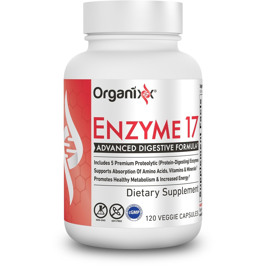 Organixx Enzyme 17 Enzime digestive esentiale pentru femei si barbati, pentru sanatate si sanatate digestiva optima, suport pentru balonare, gaz, absorbtie nutrienta si imunitate, Vegan, non OMG, 80 Capsule vegetale