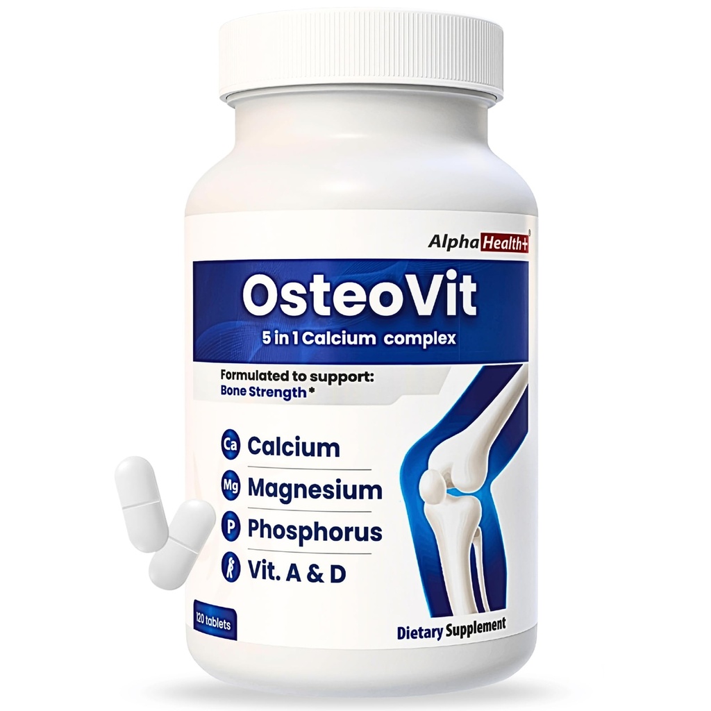 OsteoVit 5-in-1 Calciu 120 file Multivitamine: Calciu, Magneziu, Fosfor, Vitamina D3 & A - Concentrație osoasă & Flexibilitate*, Non-GMO Gluten gratuit 