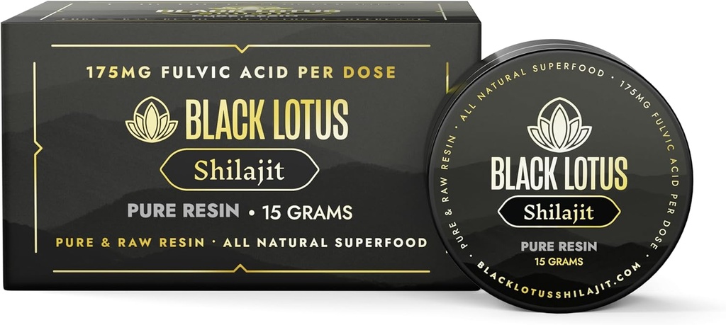 Black Lotus Pure Shilajit Resin, Supliment pentru energie, Suport Immune & Focus, 85 Ionic Trace Minerals Complex, Acid fuzelian natural, Acid humic, Lab Verified, Lab verificat - 15g
