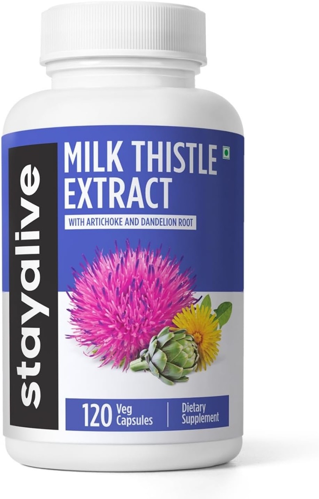 STAY ALIVE Milk Thistle Supliment cu rădăcină de păpădie și extract de anghinare, 80% Silymarin Complex, 120 pastile, 100% Pure Anghinare Extract de praf de frunze, capsule de plante non-GMO și gluten-free