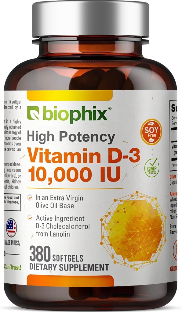 biophix Vitamina D-3 10000 UI 380 Softgels - Putere mare în ulei de măsline extra virgine non-GMO Soy-Free Suporturi puternice Oase imune Sănătate