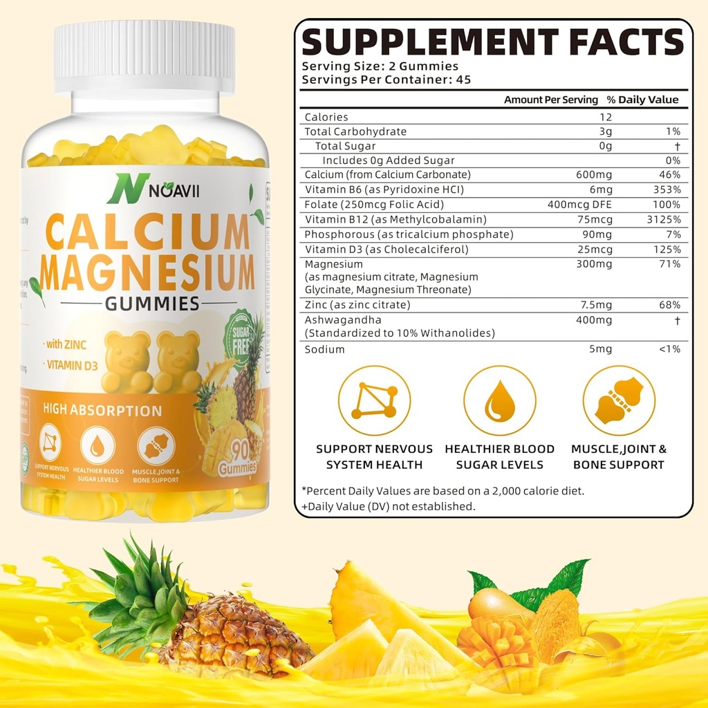 Calciu Magneziu Gume de zinc cu vitamina D3, supliment Ashwagandha - Absorbție crescută de potențial - Ananas Flavor-90 Conte