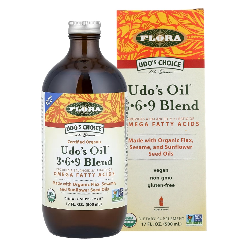 Ulei Flora Udo 3-6-9 Blend - Omega-3 Vegan și ulei Omega-6 - Conține ulei organic de nucă de cocos, ulei de in și mai mult - Păstrați Chilled - 17 fl. oz.