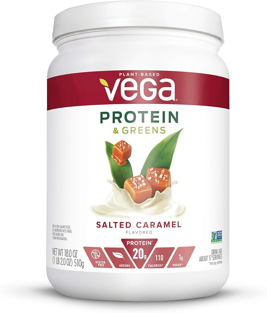 Vega Proteine și Verzi, Caramel sărat, Pudră de proteine Vegan, 20g Proteina pe bază de plante, Carb scăzut, Keto, Dairy Free, Gluten Free, Non OMG, Proteina de mazăre pentru femei și bărbați, 1.1 Lire (17 Servings)