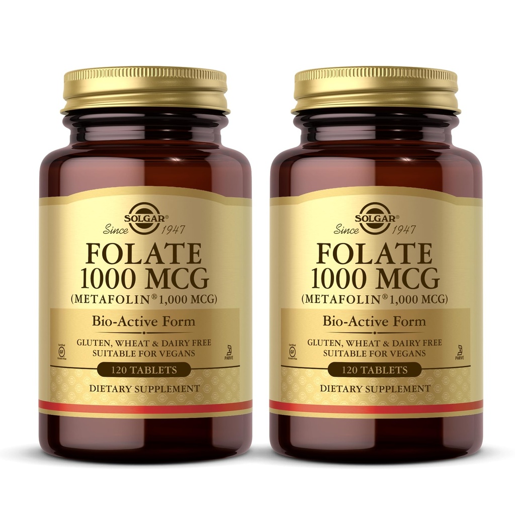 Solgar Folate 1000 mcg - 120 comprimate, 2 cutii - 1000 mcg Bio-Active Metafolin - Vegan, Gluten gratuit, lactate gratuit, Kosher - 240 Total Serviri