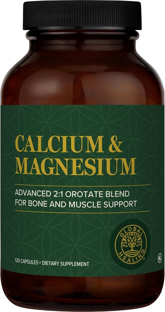 Global Healing Calcium and Magnesium Orotate - Bone Strength Supplement for Women and Men - Helps Support Strong Teeth and Cardiovascular Health for Normal Muscle Function - 120 Capsules