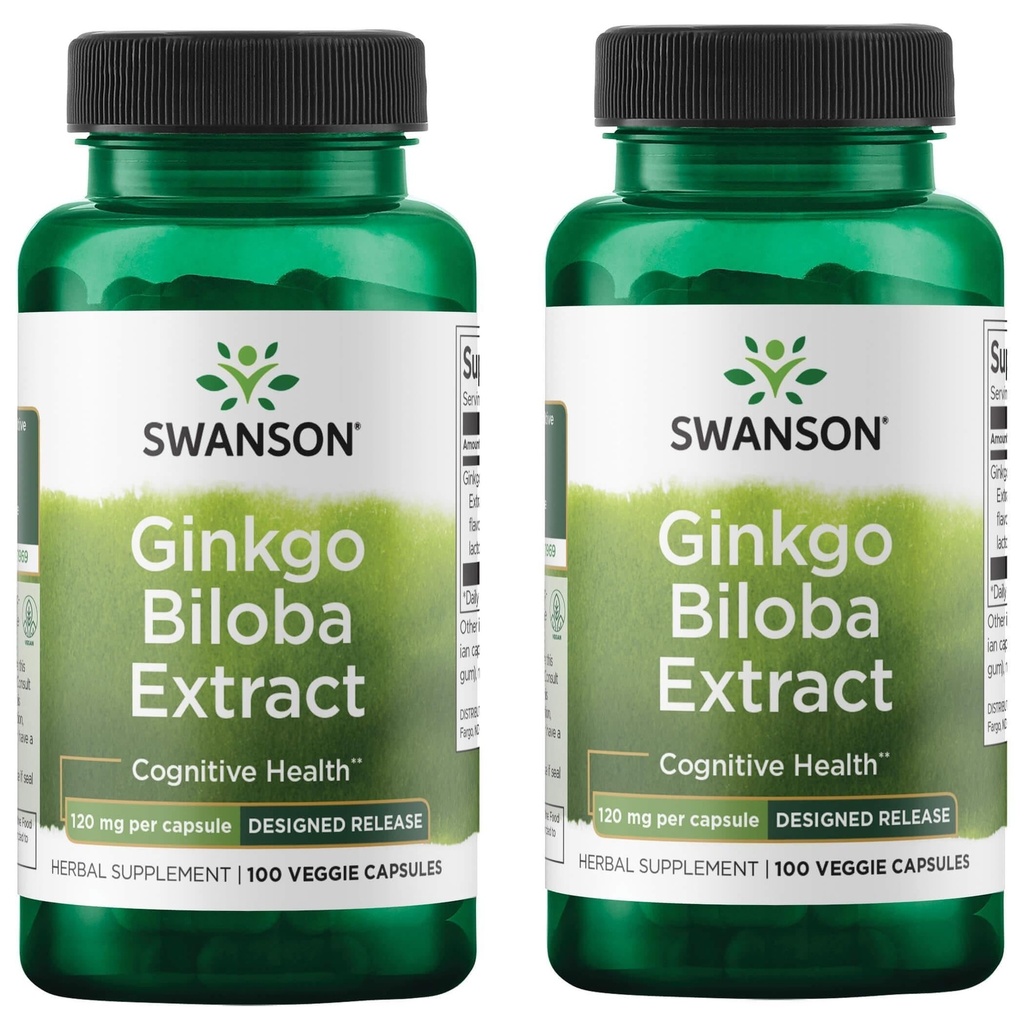 Swanson Ginkgo Biloba Extract Standardizat Release Memory Brain Cognitive Function Health Supplement 120 mg (24% flavonă glicozide, 6% Terpene lactone) 100 Veggie Drcaps (2 ambalaj)