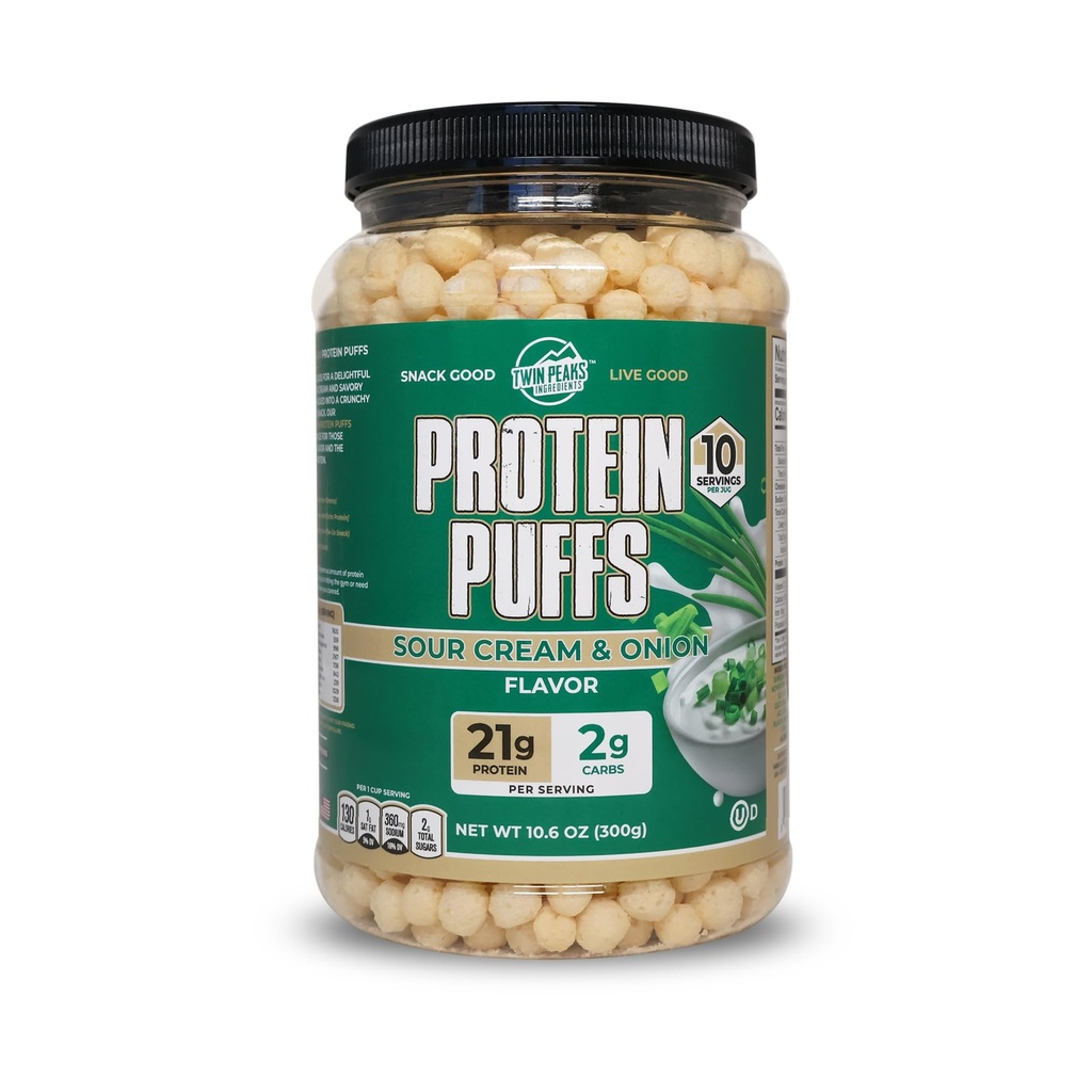 Twin Peaks Proteine Puffs - (Sour Cream & Ceapa), Keto Friendly, Low Carb Snack (300g, 21g Proteina, 2g Net carbohidrati, Proteina mare, sanatoasa Crunchy Snack)