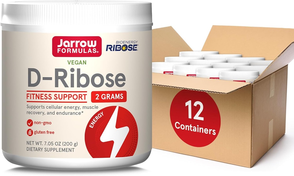 Formule Jarrow D-Ribose pulbere - 200g - Supliment alimentar sustine recuperarea musculara, energie si rezistenta - 100% pur - Vegan - non-GMO - Approx. 90 Serviri, Pachet de 12