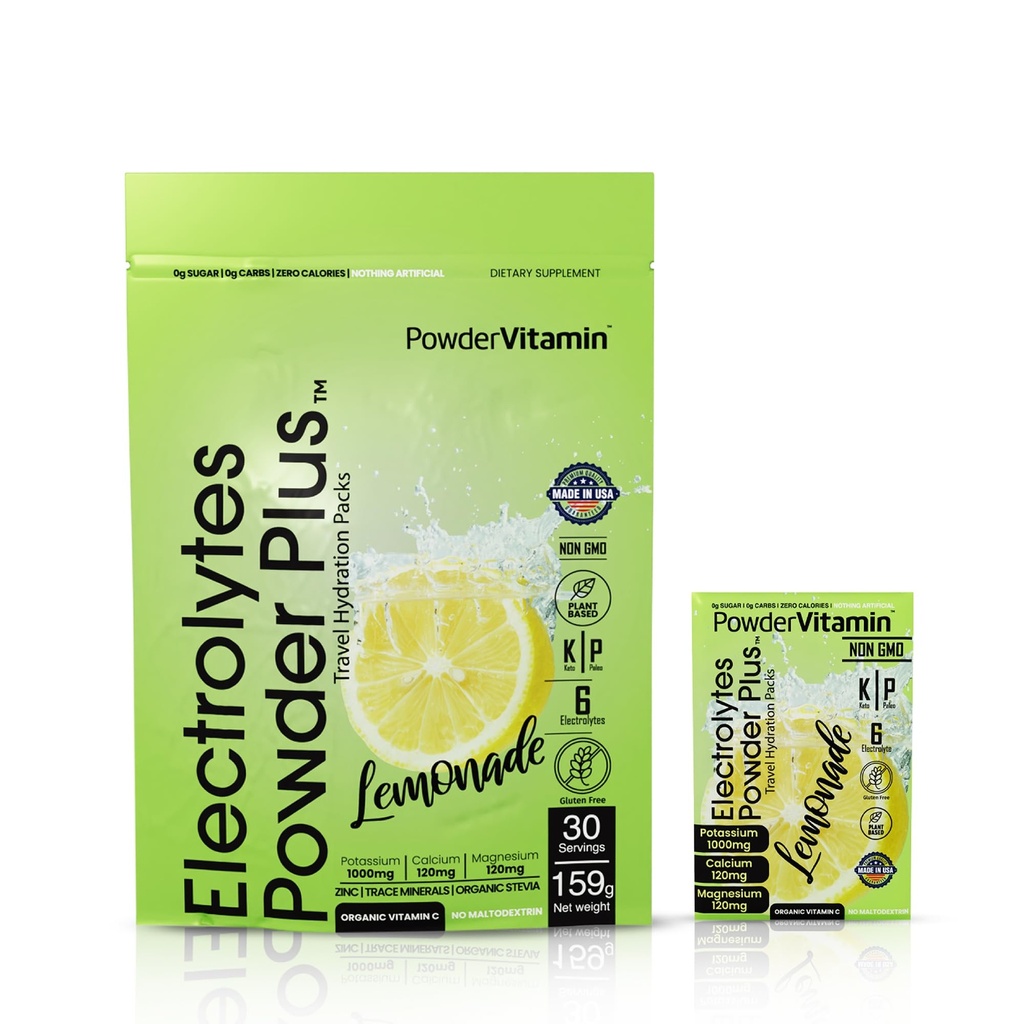 PulbereVitamina Electroliti Pulbere Plus, Keto, Lemonade, Zero Zahăr, 1000mg Potasiu, 120mg Calciu, 120mg Magneziu, Non-GMO, Zero Calorii, 30 Pachete de hidratare