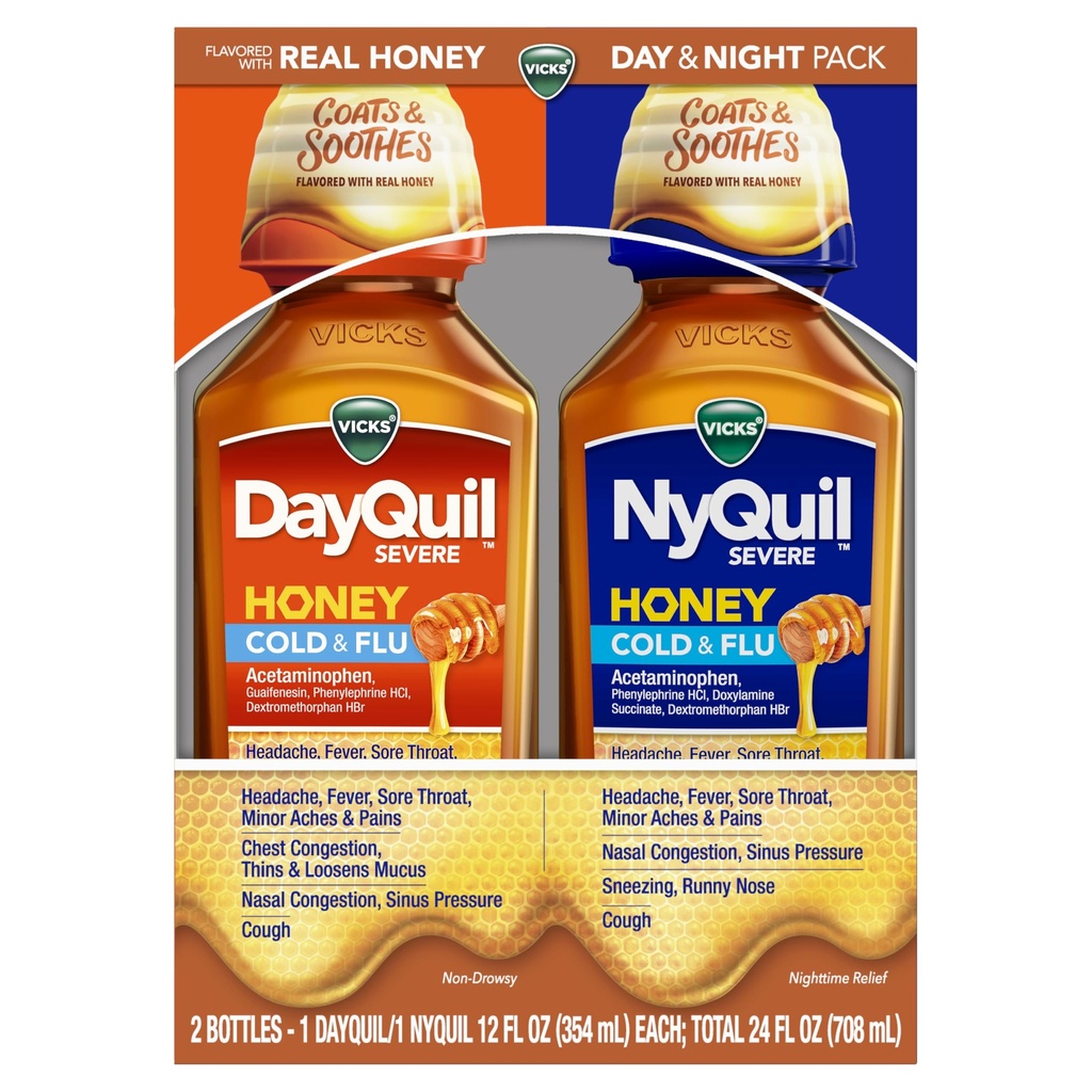 VICKS DayQuil & NyQuil Severe Arovă de miere Co-Pack, Rece & Gripă Medicina, Relieves Dureri de cap, Febră, Sore Throat, Dureri minore & Dureri, Congestie nazală, Sinus presiune, Stuffy nas, și tuse, 2x12oz