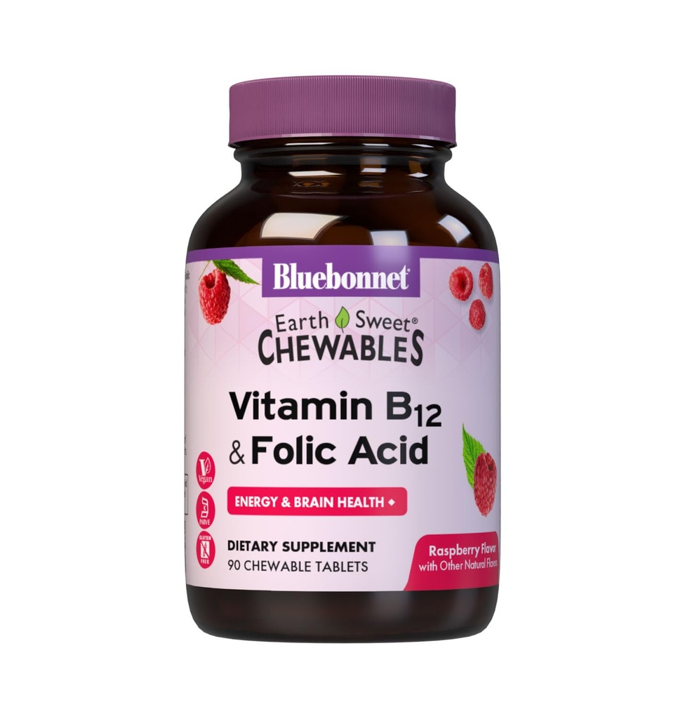 BlueBonnet Nutrition Earth Sweet Vitamina B12 & Acid folic Tablete masticabile, Soy-Free, Gluten-Free, Raspberry 90 Count (Pachet de 1)