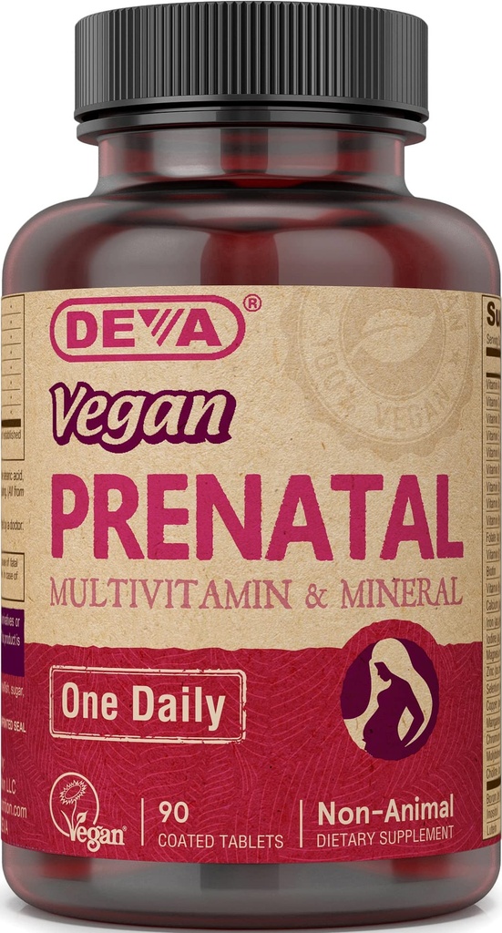 DEVA Vegan Prenatal Multivitamine și Supliment mineral - Formula once-per-zi - Vitamine A, C, D, E, K, B Complex, cu Folate & Chelated Fier - 90 comprimate filmate, 1-pack