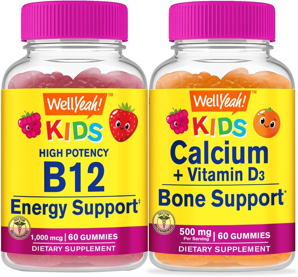 Ei bine, vitamina B12 Copii + Calciu + Vitamina D3 Copii, Gummie Bundle - mare Tasting, Supliment de vitamine, Gluten gratuit, OMG gratuit, Gummy mestecat