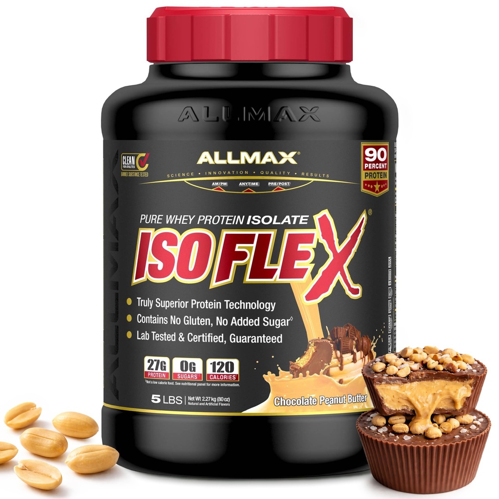 Allmax Nutrition - ISOFLEX Pulbere de proteine, Izolat de proteine Whey, Proteină 27g, Unt de arahide de ciocolată, 5 lire