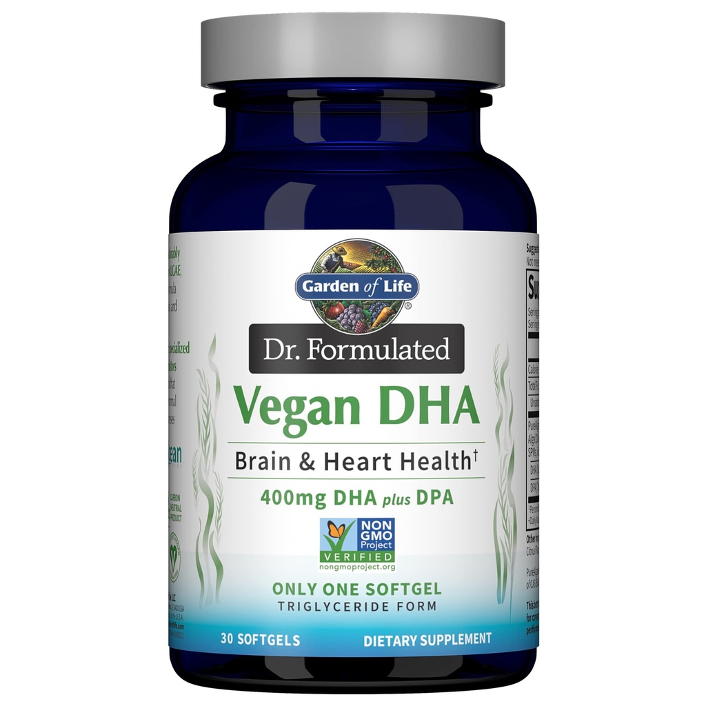 Gradina de viata Omega 3 Vegan DHA Suplimente Dr. Formulated Vegan DHA, 400mg DHA & 90mg DPA în Trigliceride Formular dintr-o singură sursă, Omega 3 Supliment pentru femei şi bărbaţi de sănătate, 30 Softgels