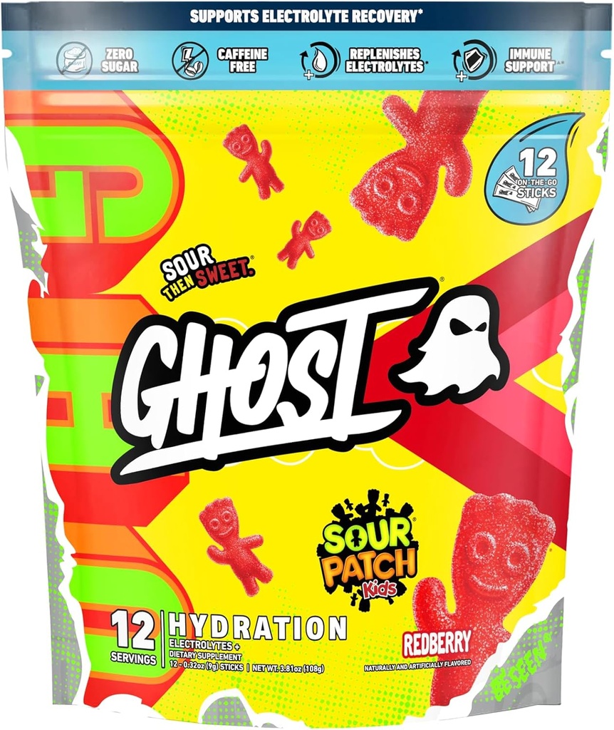 Pachete de hidratare GHOST, Sour Patch Kids Redberry, 12 Sticks, Electrolit pulbere - Băutura Mix Supliment cu magneziu, potasiu, calciu, vitamina C - Vegan, fără soia, zahăr & Gluten