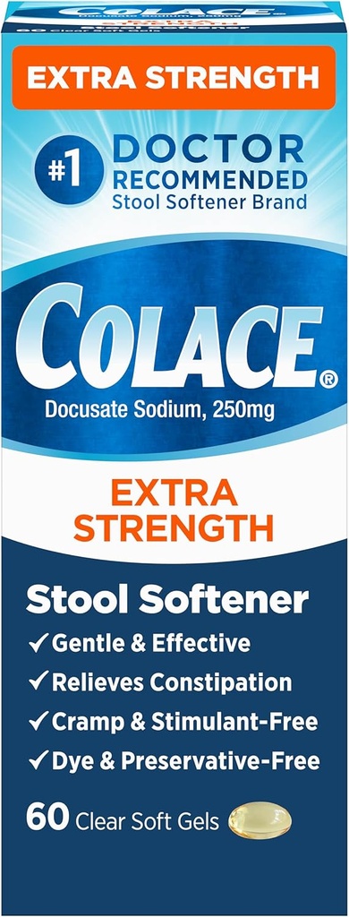 Colace extra Putere Stool Softener pentru Relief de constipație blând eficace, #1 Doctor recomandat Stool Softener Brand, 250 mg capsule Docusate, 60 Count (Pachet de 1)