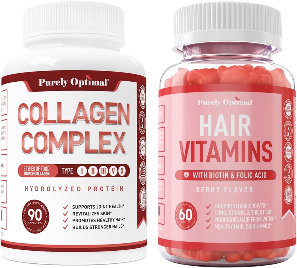 Capsulele multicolagen peptide Premium pur optimizate (tipurile I, II, III, V, X) + vitaminele de păr Premium Suplimentul Gummy- Vitamine w/biotină, acid folic, vitamine A&D