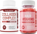 Capsulele multicolagen peptide Premium pur optimizate (tipurile I, II, III, V, X) + vitaminele de păr Premium Suplimentul Gummy- Vitamine w/biotină, acid folic, vitamine A&D