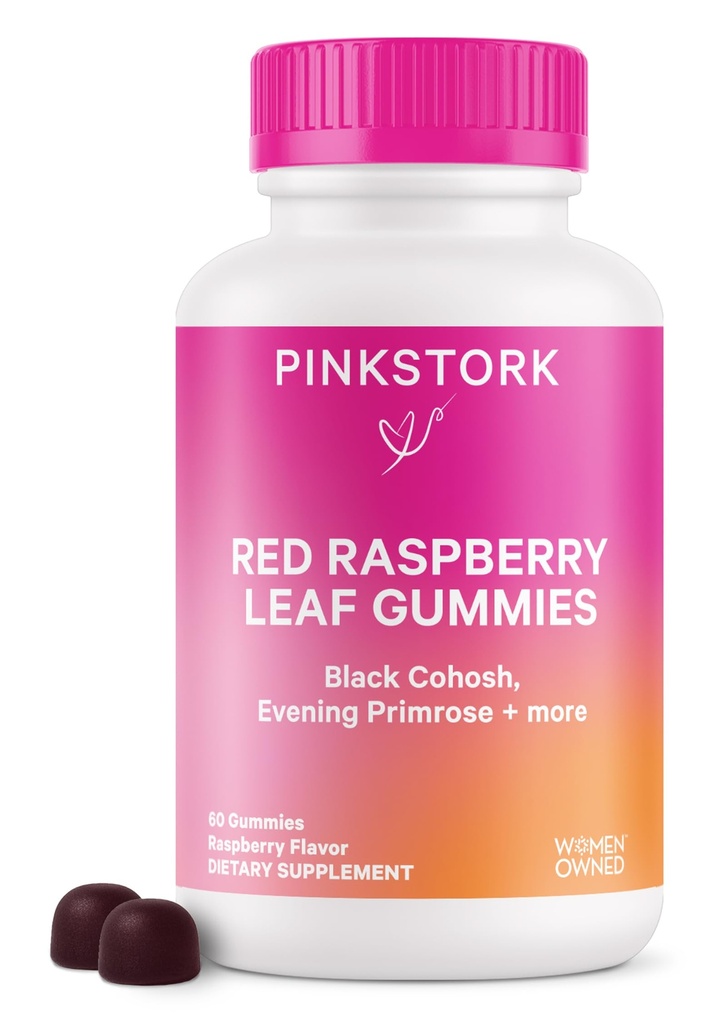 Roz Stork Red Raspberry Leaf Gumries - al treilea Trimester Labor Prep + Postpartum Mood Essentials with Evening Primrose Oil + Black Cohosh - 60 Vegan Gummy Suplimente, Non-GMO
