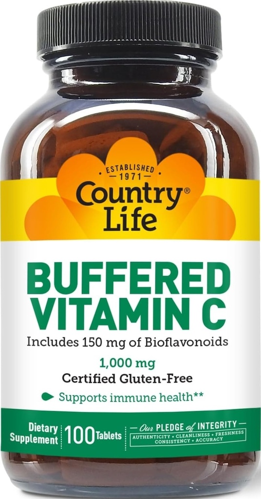 Viaţa de ţară Buffered Vitamina C 1000 mg cu Bioflavonoids, Calciu, Magneziu, Potasiu - Suport Imun, Capsule Vegane, Gluten-Free, Blând pe Stomac - 100 comprimate
