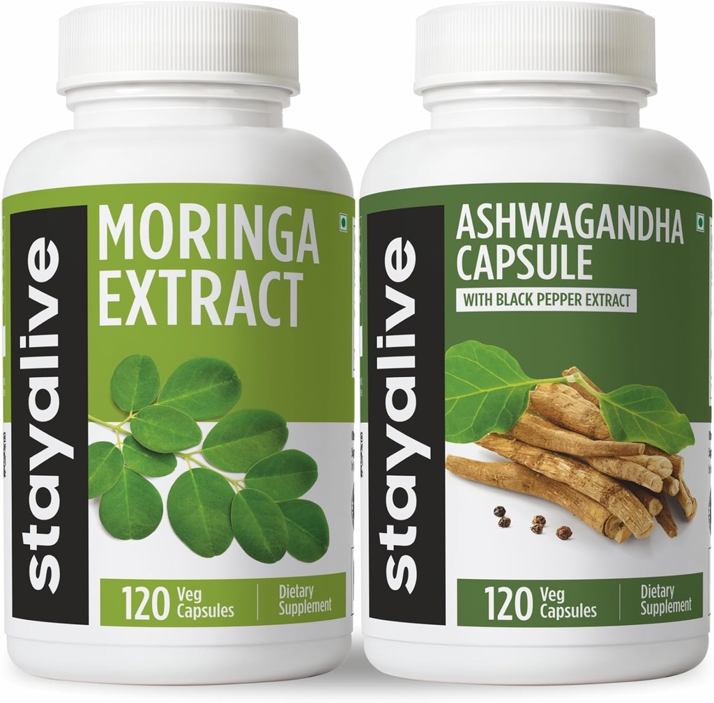 STAY ALIVE Moringa și Ashwagandha Bundle w/Black Pepper Extract, 240 Vegan pastile, non-GMO & Gluten gratuit Ashwagandha Moringa Supliment 2 ambalaj