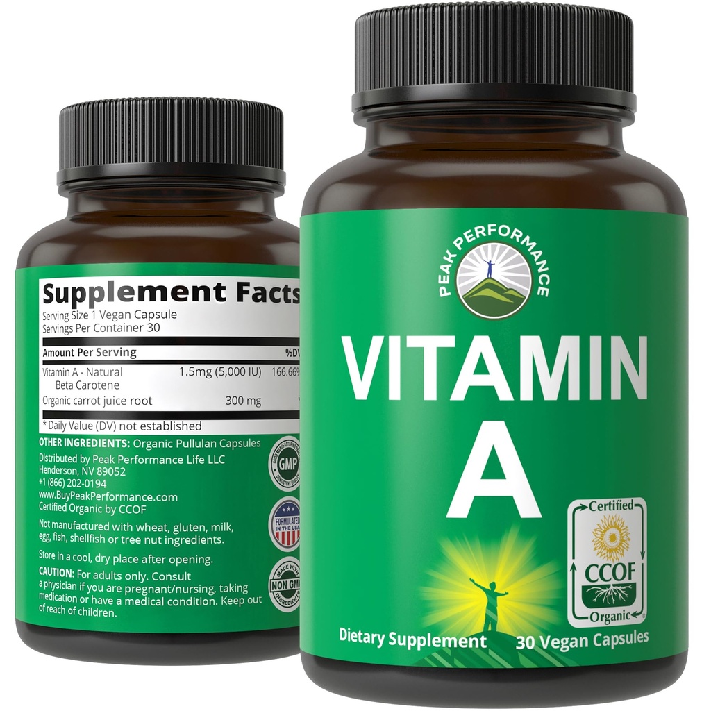 Vitamina organică Certified A 5000 UI Supliment Capsule Vitamine de mare potenta. pentru adulți, Bărbați, Femei, Copii. Made with Organic Morcov Juice. Mare pentru imun, piele, suport ocular. Non OMG, Pastile Vegane