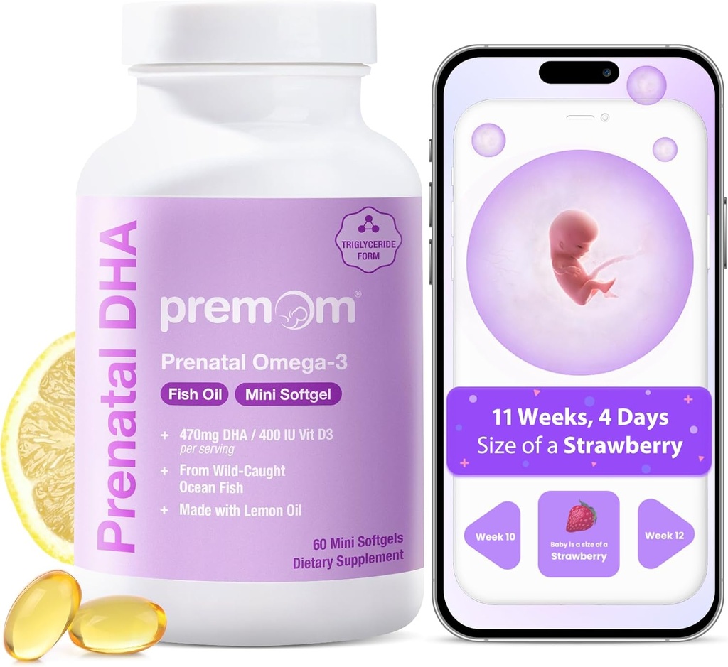 Premom Prenatal DHA Ulei de pește: Trigliceride Omega 3 cu 470mg DHA, 200mg EPA + 400 UI VIT D3 Supliment - Suport pentru fertilitate pentru femei - Global Sursate de pește sălbatic capturat