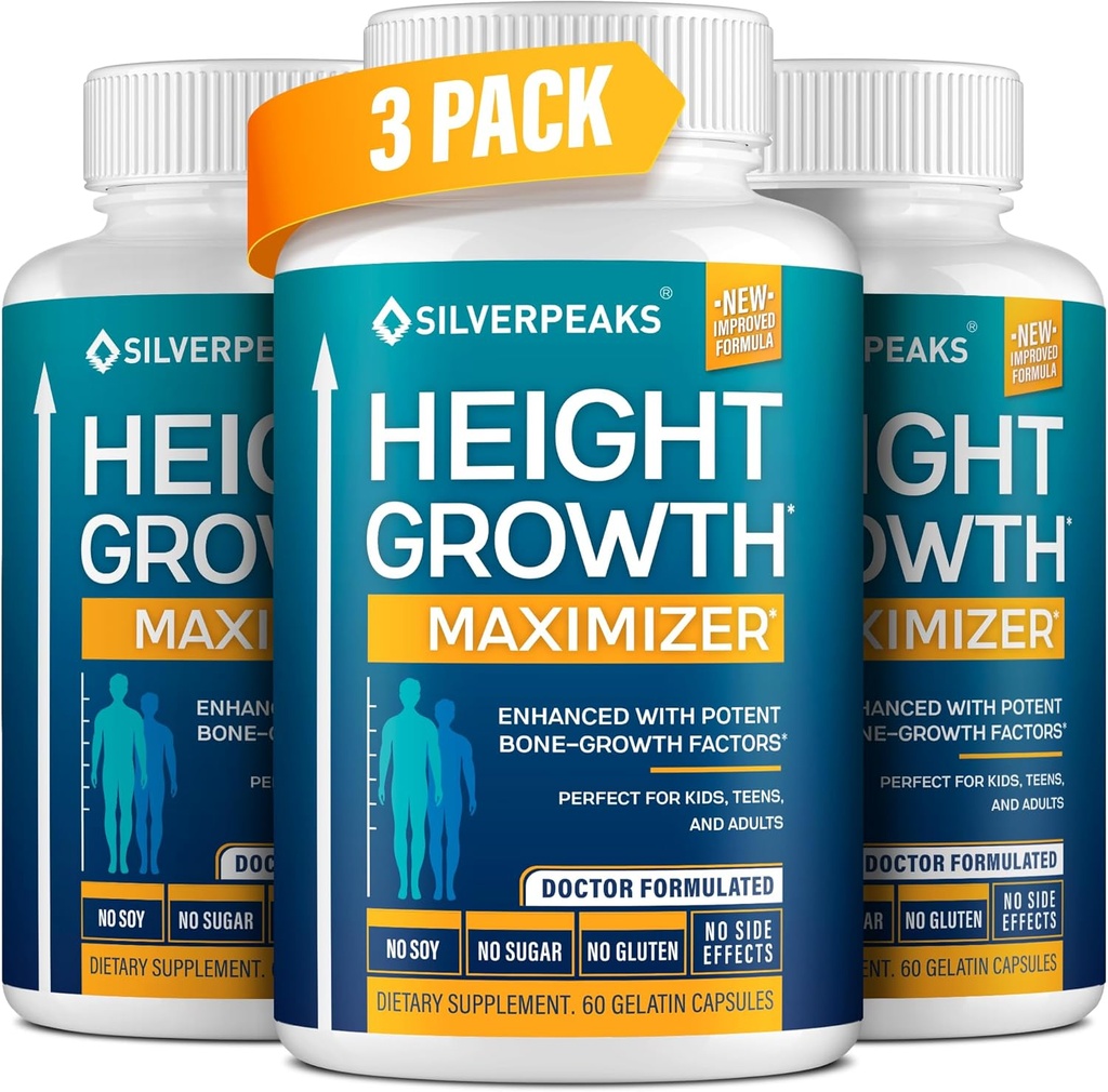 SILVERPEAKS Growth Capsules to Grow Taller - Height Growth Maximizer with Calcium for Bone Strength - Made in USA - Natural Get Taller Supplement - Free of Growth Hormone - Pack of 3