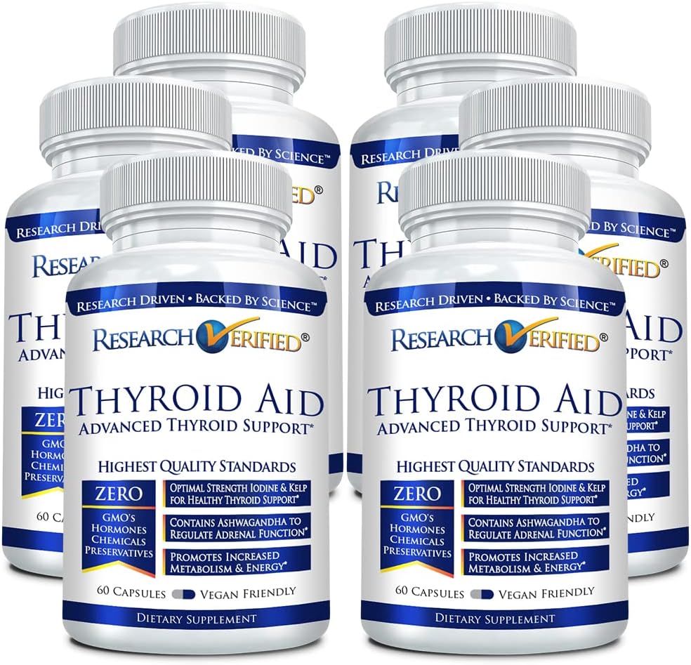 Cercetari Verificate® Ajutor tiroidian - Functie tiroidiana optima cu iod, cupru si zinc - 260 mcg Seleniu - 100% Pur - Vegan prietenos - 60 capsule per sticla - 6 flacoane