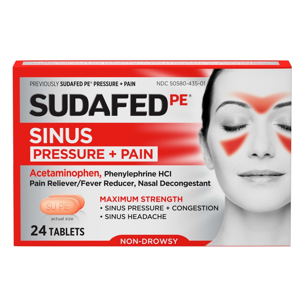 Sudafed PE Presiune sinusală + Tablete de ameliorare a durerii, Putere maximă, non-drowsy, OTC Sinus Reliever Pain Reliever & Fenilefrină HCl Nasal Decongestionant, 24 ct