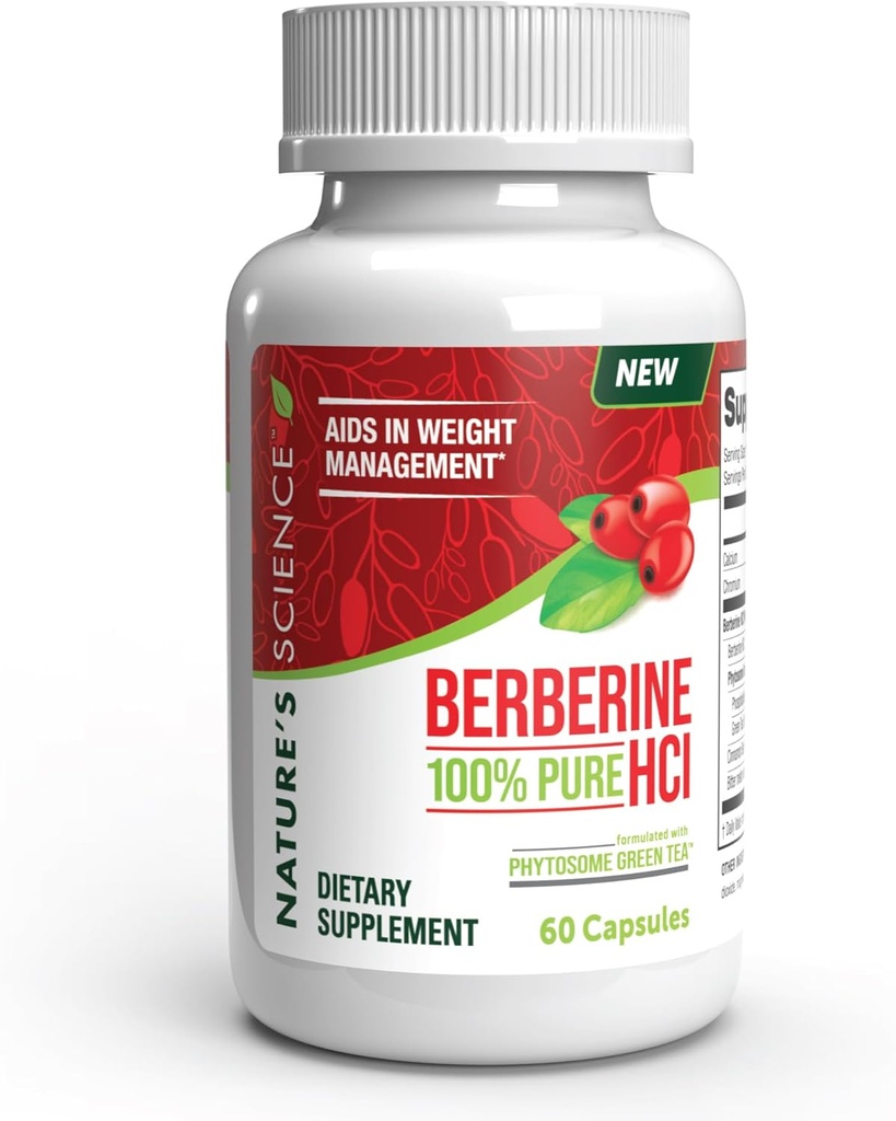 Știința naturii Berberine HCL cu ceai verde fitozom pentru managementul greutății, 100% grad clinic pur Berberine HCL pentru o mai bună absorbție - ajută metabolismul, păstrează plin pentru mai mult timp - 60 Caps