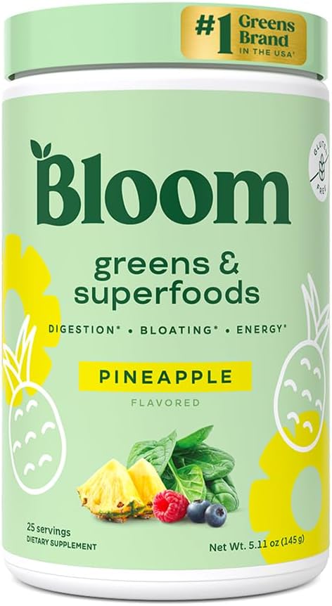 Bloom Nutrition Superfood Greens Powder, Enzime digestive cu Probiotice si Prebiotice, Sanatate Gut, Relief Blooting pentru femei, Chlorella, Green Juice Mix cu Root Powder, 25 SVG, Ananas