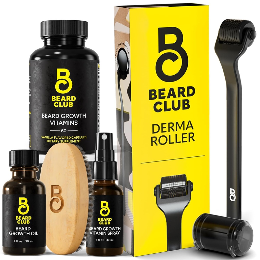 Barbă Club Derma Roller & Essential Barbă Kit - Barbă Roller, Barbă ulei, Barbă Spray, Barbă Vitamine
