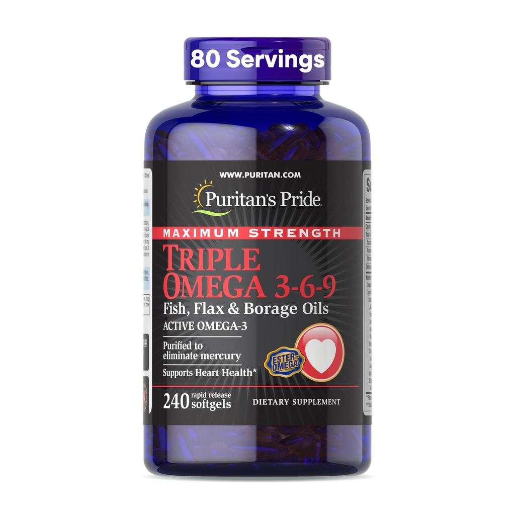 Pride Premium Pride Putere maxima Triple Active Omega 3-6-9 Pește, Inul și Ulei de Boraj, Supliment alimentar pentru inima, comun, și Cellular de asistență pentru sănătate, 240 Softgels eliberare rapidă