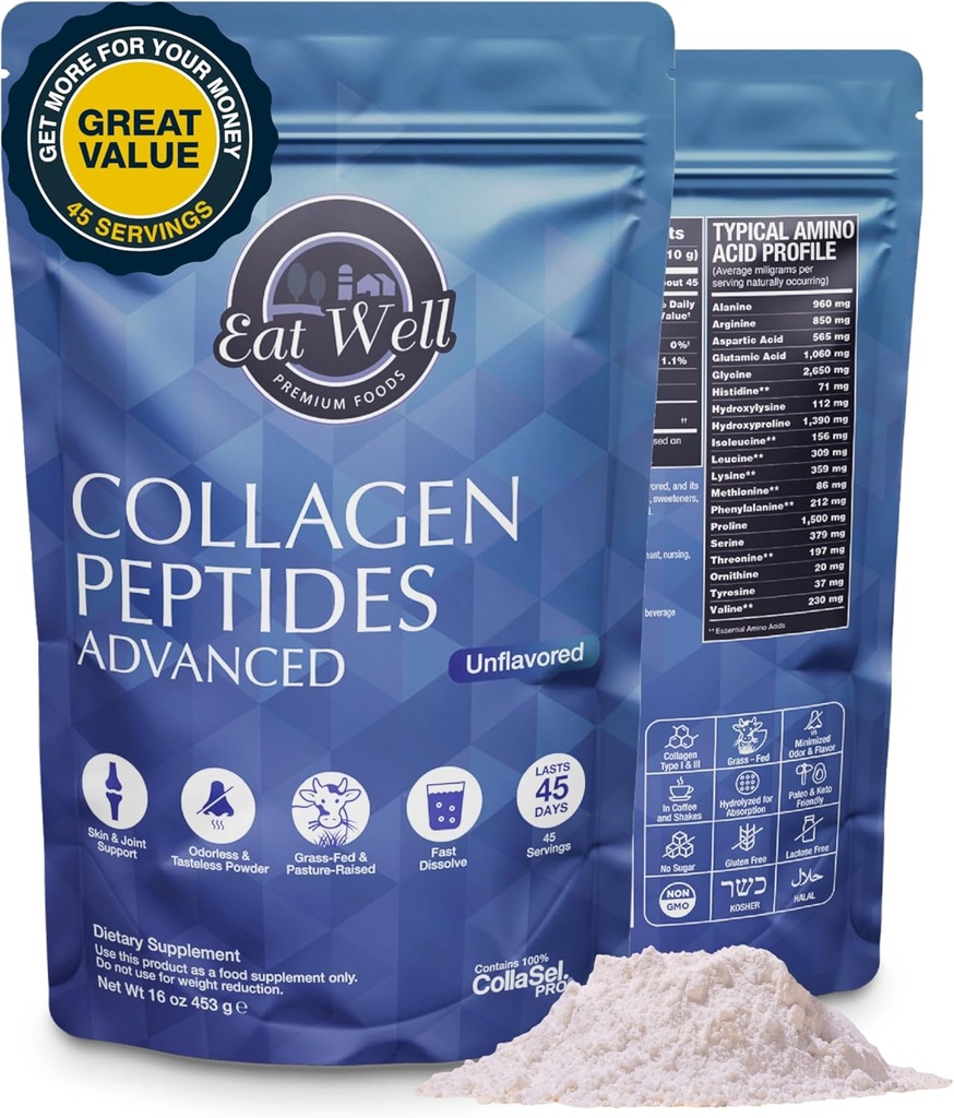 EAT BINE PREMIUM ALIMENTAȚII Colagen Peptides pulbere Proteina 45 Serviri, 16oz, Colagen pentru piele, Os și sprijin comun, Tipuri I & III Colagen Fed Suplimente pentru femei și bărbați, Keto, Aminoacidi