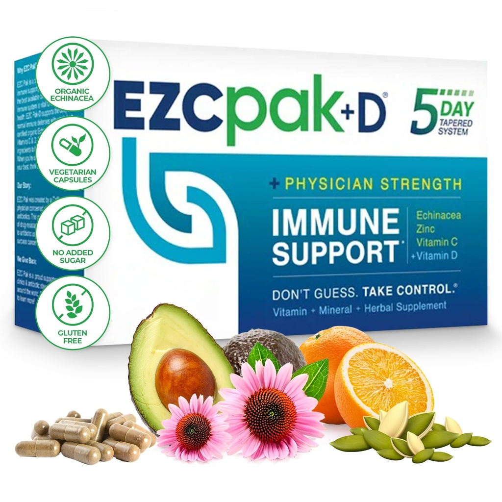 EZC Pak 5-Day Immune System Booster cu Echinacea, Vitamina C, Zinc & Vitamina D - Tained Immune Supplement Supplement pentru Adulți - Suporturi Imunitate, Easy Travel-Size Supliment Pack