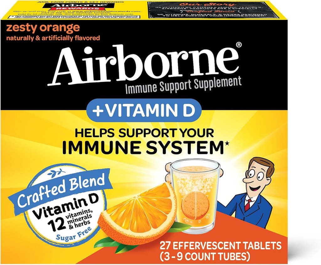 Airborne 750mg vitamina C cu zinc Efervescent comprimate, Immune Supplement with Powerful Antioxidanti Vitamine A C D3 & E - 27 Fizzy Drink Tablets, Zesty Orange Flavor