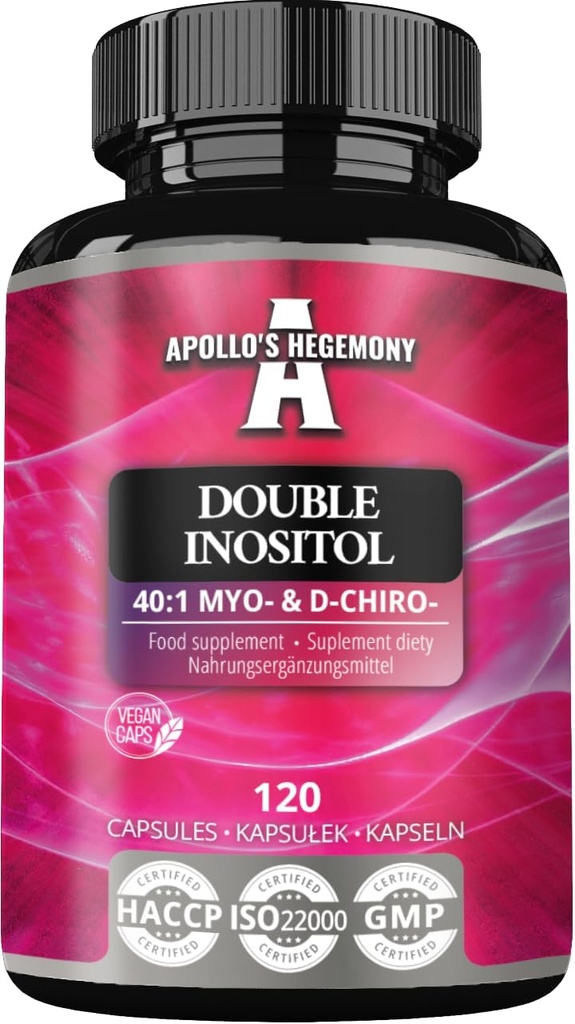APOLLO'S HEGEMONY Double Inositol 120 Capsule Vegane - Myo-Inositol + D-Chiro-inozitol în Optimal 40:1 Ratio - 615 mg per capsulă - 4 luni de aprovizionare - Vitamina B8 Supliment